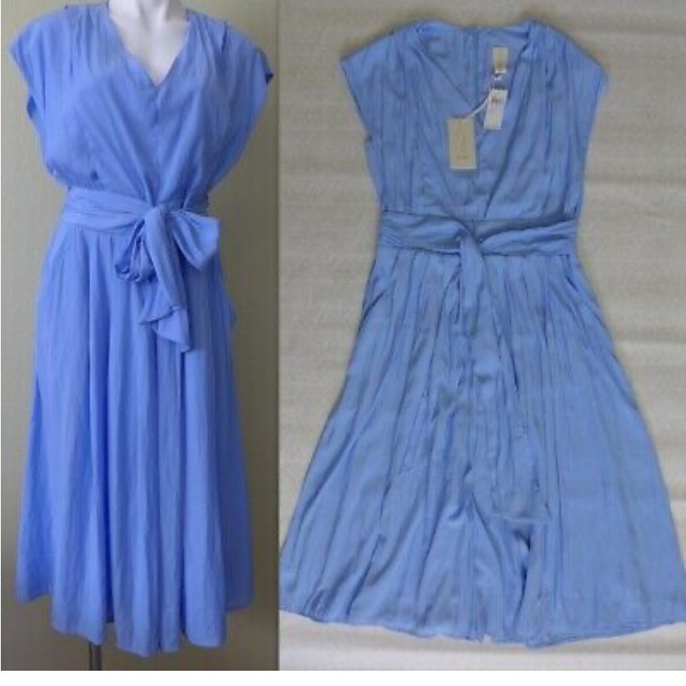 Joie NWT V-Neck Tie Waist Pleated Pockets Hidden Back Zip Close Midi Dress Sz 8 - Picture 3 of 17
